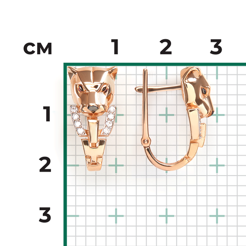 Серьги «Пантеры» с английским замком из красного золота с фианитами