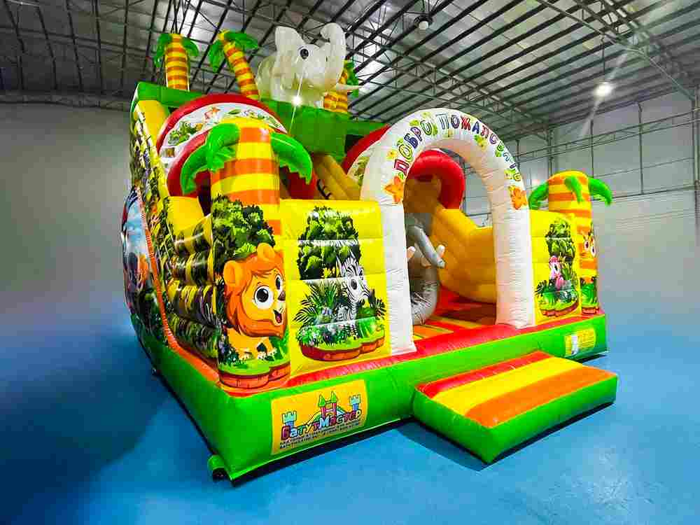 Надувной батут "Слоник в джунглях с двумя горками с переходом" 6*5*5.5 м
