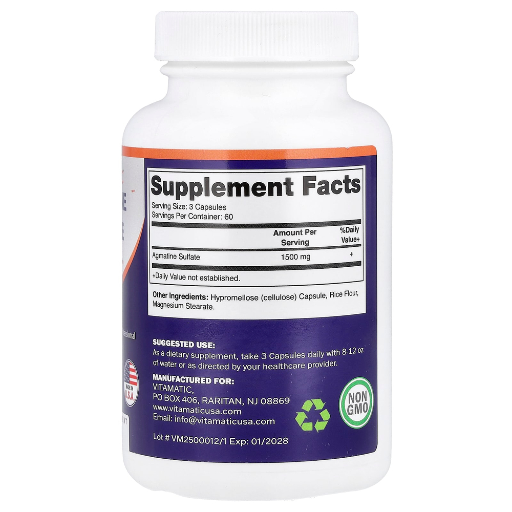 Vitamatic, агматинсульфат, 180 растительных капсул (500 мг в 1 капсуле)