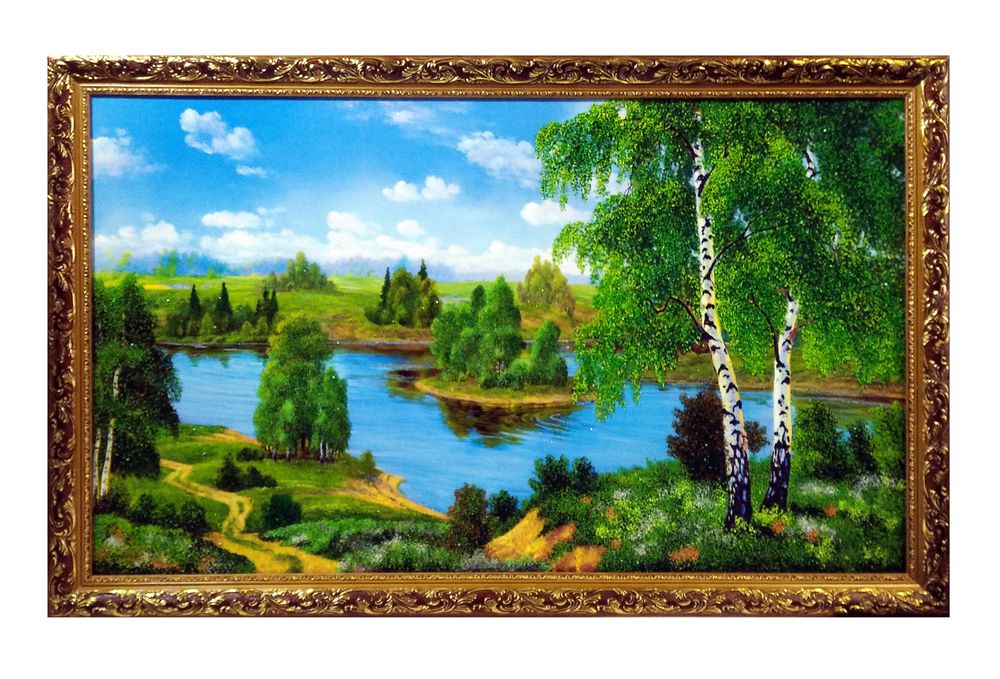 Картина №10 &quot; Две березы на берегу реки&quot; репродукция с подсыпкой уральскими минералами , размеры 68-108-3см