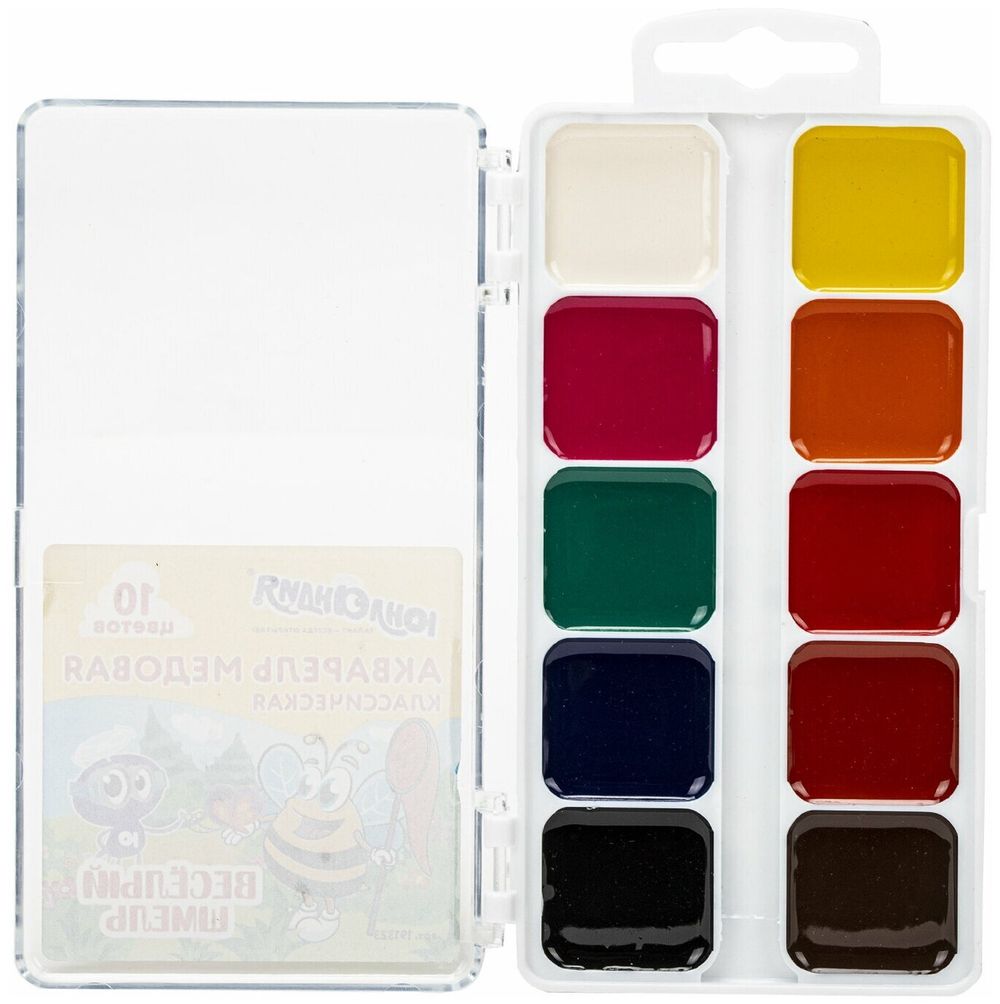 Краски акварельные ЮНЛАНДИЯ "ВЕСЁЛЫЙ ШМЕЛЬ", медовые, 10 цветов, КЛАССИЧЕСКИЕ, пластик, 191323