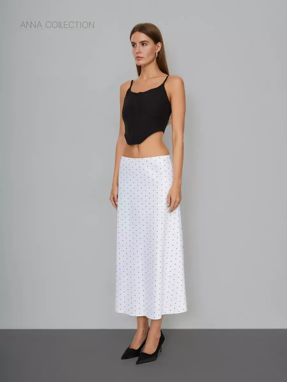 Юбка весенняя, атласная в горошек, шелковая на резинке