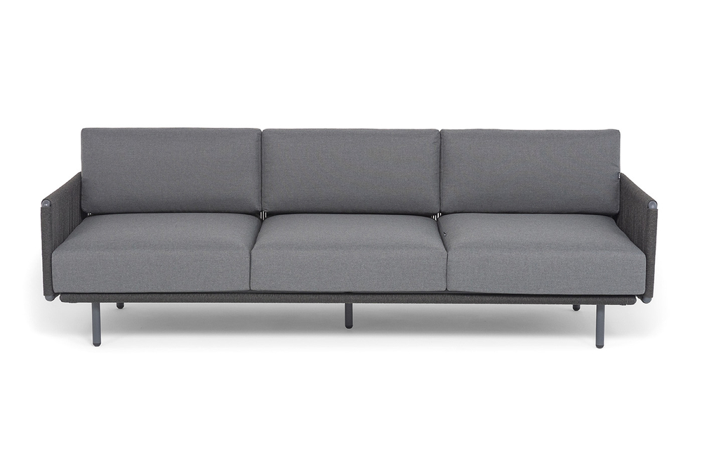 "Джелло" диван 3-местный плетеный из роупа, каркас алюминий темно-серый (RAL7024) муар, роуп темно-серый круглый, ткань темно-серая 027