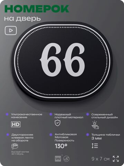 Номерок на дверь квартиры 66, для кабинета, офиса, шильдик 9 х 7 см, черный, Айдентика Технолоджи