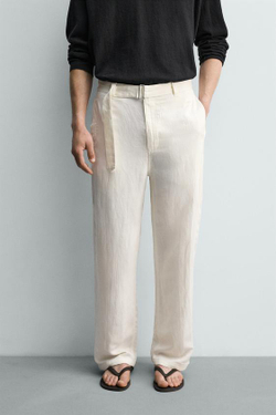 ZARA БРЮКИ RELAXED FIT ИЗ ВИСКОЗЫ И ЛЬНА С РЕМНЕМ, ЭКРЮ