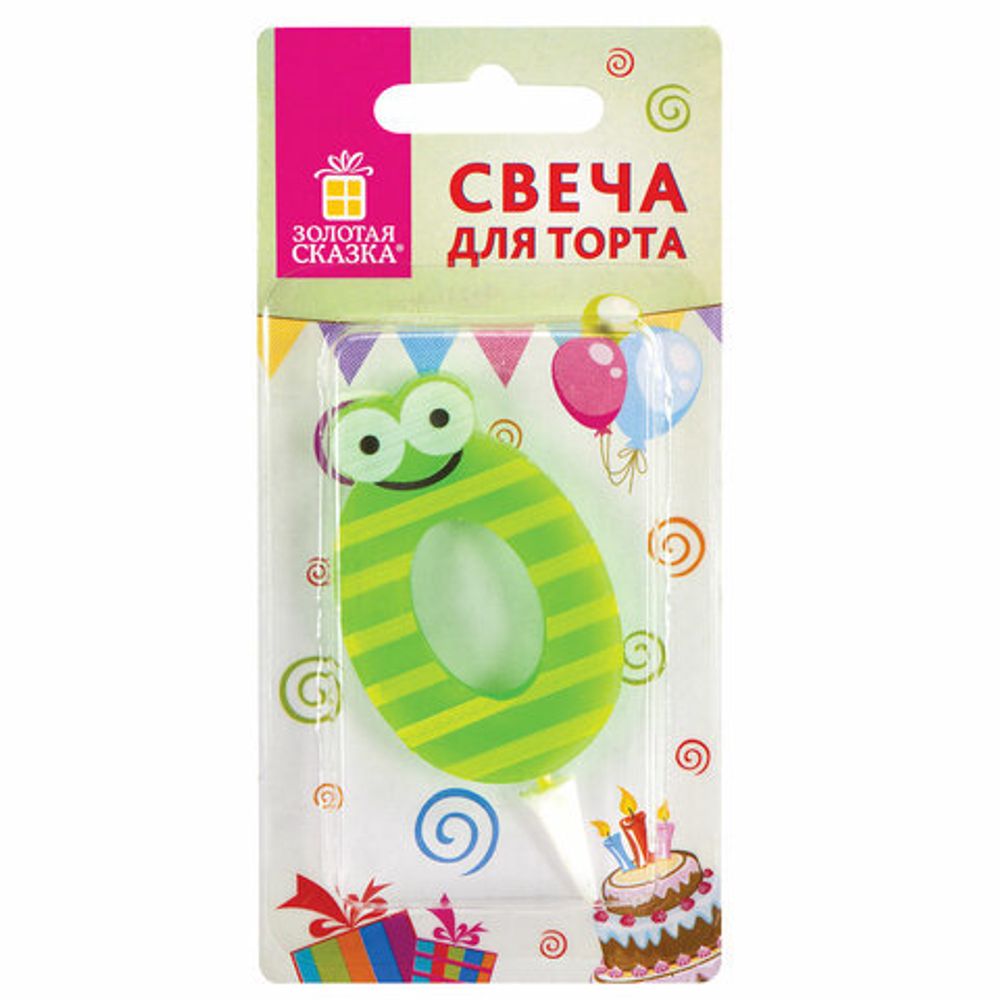 Свеча-цифра для торта "0" "С глазками", 6 см, ЗОЛОТАЯ СКАЗКА, с держателем, в блистере, 591403