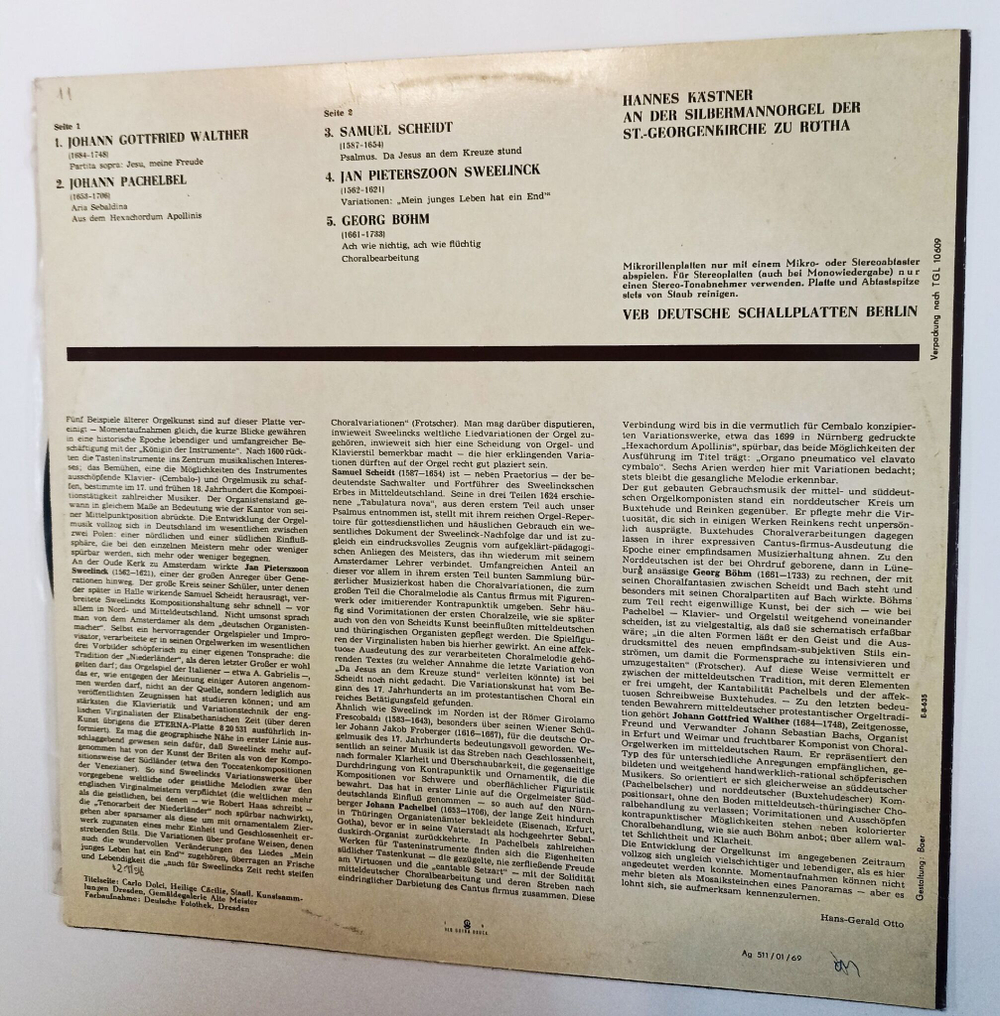 Винтажная виниловая пластинка LP J. G. Walther, J. Pachelbel, S. Scheidt, J. P. Sweelinck, G. Bohm Hannes Kastner Choralbearbeitungen Fur Orgel Von J.G. Walther J. Pachelbel, S. Scheidt, J.P. Sweelinck, G. Bohm (GDR 1967)