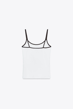 ZARA ФУТБОЛКА С КОНТРАСТНЫМИ БРЕТЕЛЯМИ, КОРИЧНЕВЫЙ/БЕЛЫЙ