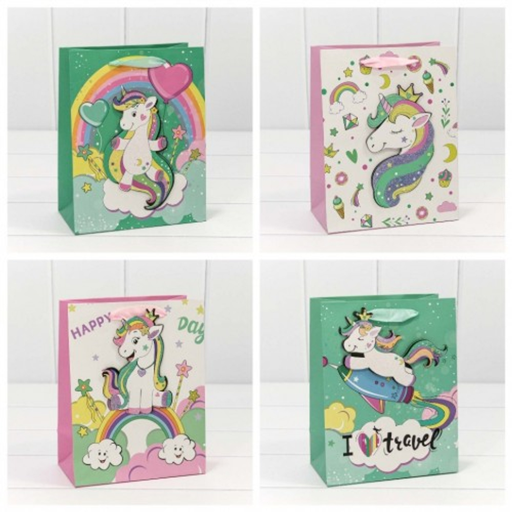 Пакет подарочный 18х23х10см "Единорог" с 3D аппликацией (Микс)