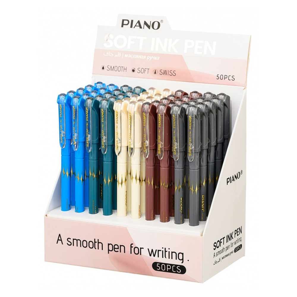 Ручка шариковая, масляная, Piano, синие чернила, цветной корпус с золотистыми вставками, 50 шт
