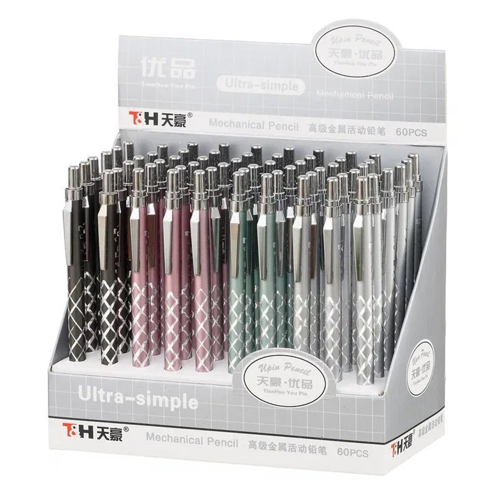 Карандаш автоматический, чернографитный, T&H, 4 цвета корпуса с серебристой насечкой, 60 шт