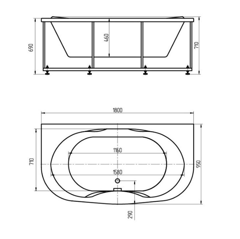 Акриловая ванна Aquatek (Акватек) Мелисса 180x95, с каркасом, с фронтальной панелью, со сливом-переливом