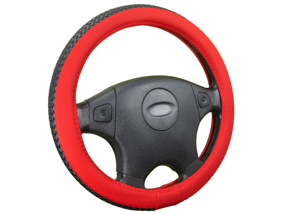 Оплетка на руль круглая CarFashion -М- «BRAID» 31554 - Экокожа - черный/красный