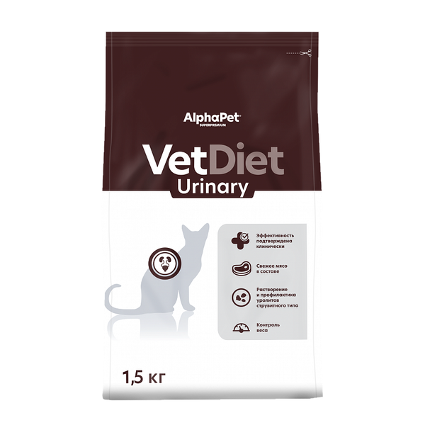 Сухой диетический корм AlphaPet VetDiet URINARY для взрослых кошек и котов при заболеваниях нижних отделов мочевыводящих путей
