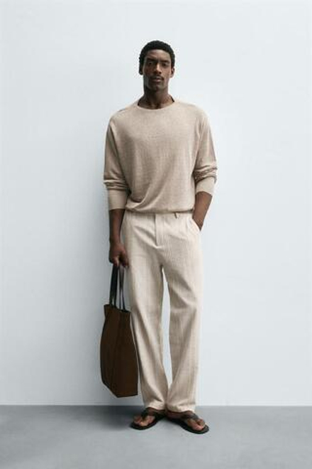 ZARA БРЮКИ В ПОЛОСКУ REGULAR FIT, ЖЕЛТОВАТО-БЕЛЫЙ