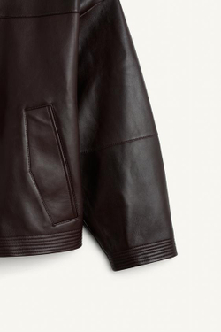 ZARA СВОБОДНАЯ КУРТКА ИЗ КОЖИ, ТЁМНО-КОРИЧНЕВЫЙ