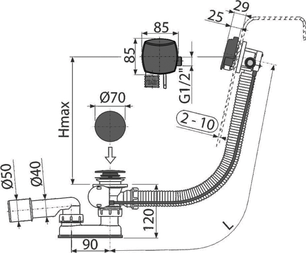 Слив-перелив Alcadrain для ванны, полуавтомат, с напуском воды через перелив, черный матовый (A564BLACK-80)