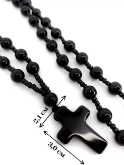 Длинные бусы на шею с крестом из черного агата (имитация)