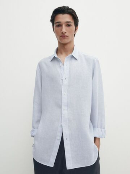 Massimo Dutti Рубашка из 100% льна в полоску, небесно-голубой