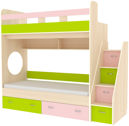 Двухъярусная кровать КарИВи Юниор 1 80x160  Дуб Молочный Розовй, Лайм