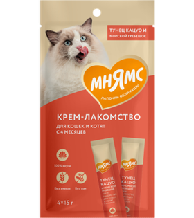 Мнямс Крем Лакомство для кошек с тунцом Кацуо и морским гребешком 15гр.*4шт.