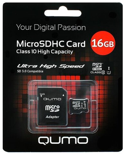 Карта флэш-памяти MicroSD 16 Гб Qumo +SD адаптер (class 10) UHS-1 3.0