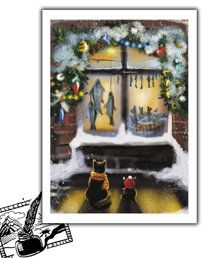 Открытка почтовая. Коты у витрины