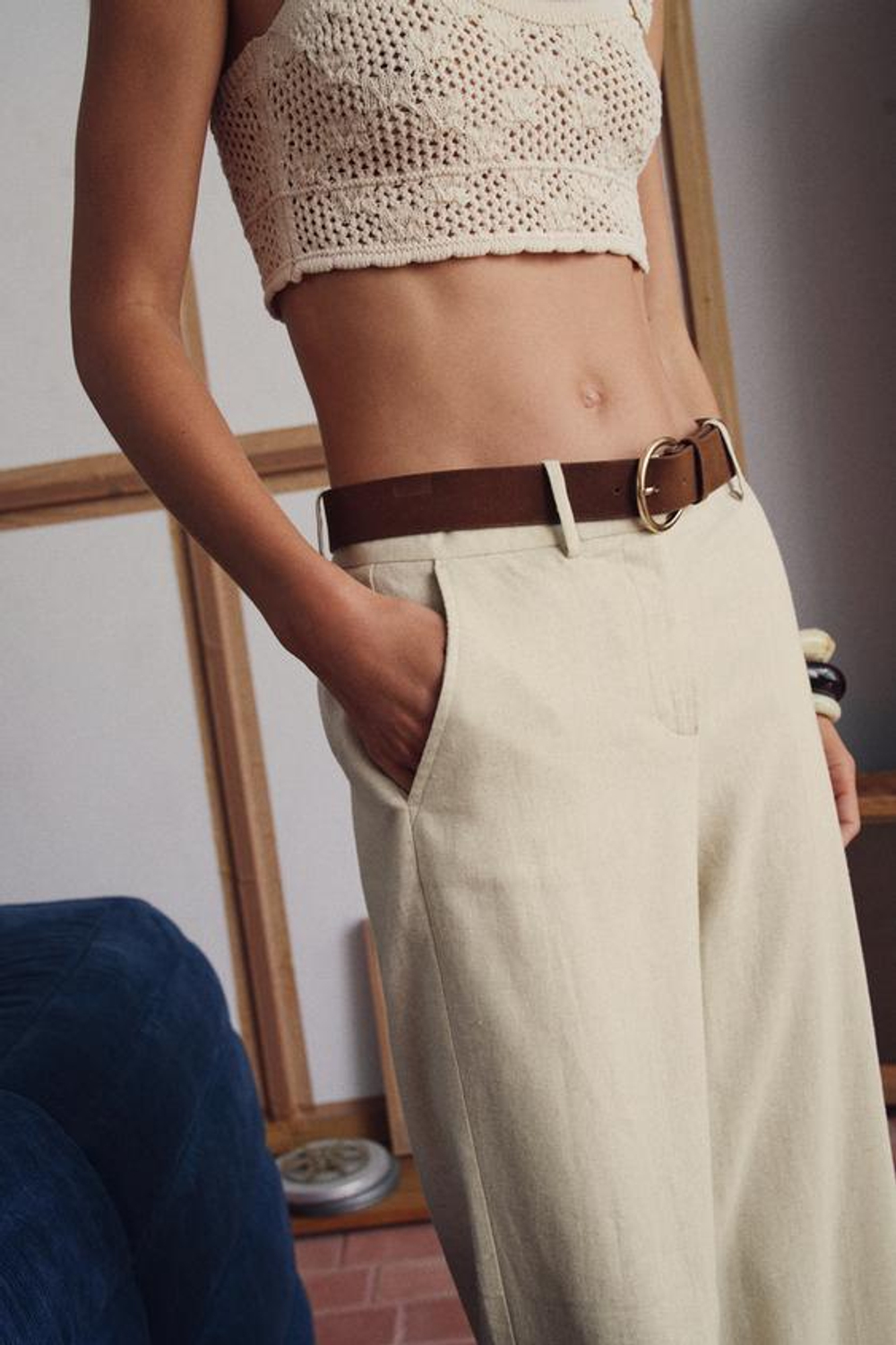 ZARA БРЮКИ-КЮЛОТЫ ИЗ ЛЬНА С ПОЯСОМ, СВЕТЛО-БЕЖЕВЫЙ