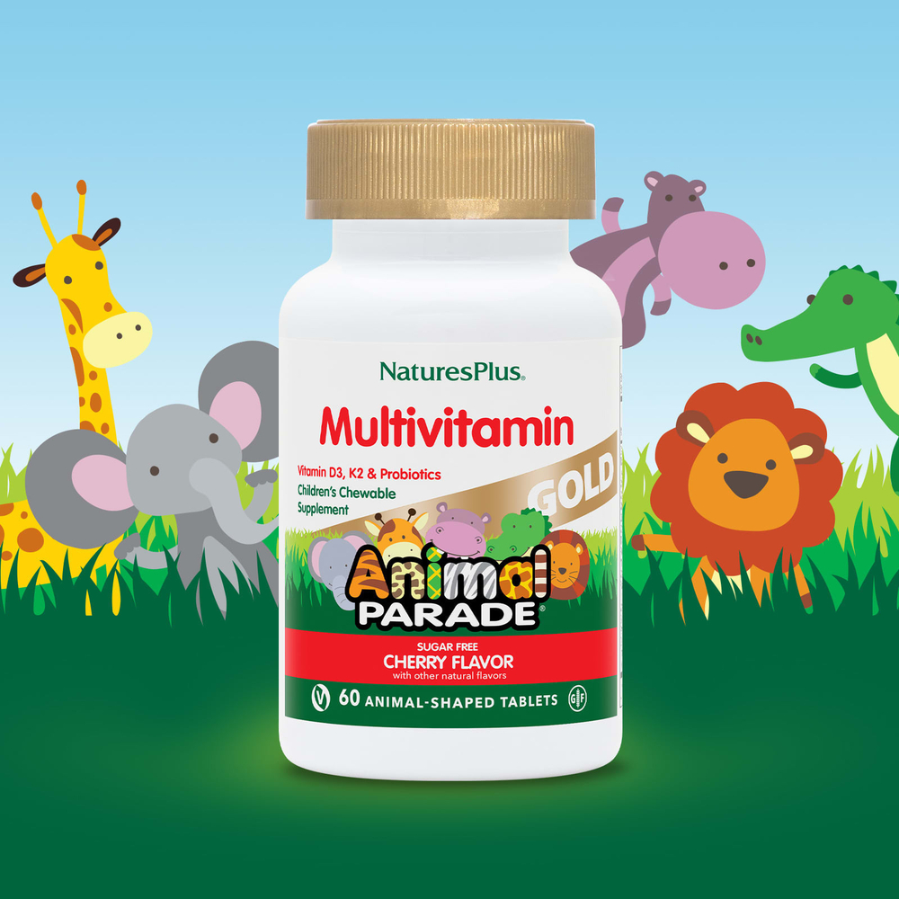 NaturesPlus, Animal Parade Gold, мультивитаминная добавка для детей, вишня, 60 таблеток в форме животных
