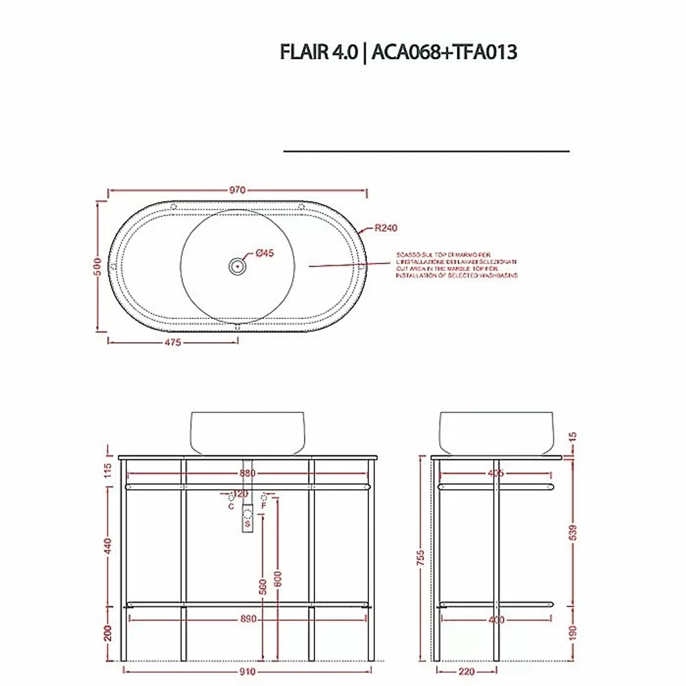 Консоль с раковиной Artceram FLAIR 4.0 ACA068/ATL002/TFA 97 черная