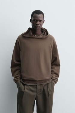 ZARA ТОЛСТОВКА С КАПЮШОНОМ И ЭФФЕКТОМ ПОТЕРТОСТИ, КОРИЧНЕВЫЙ