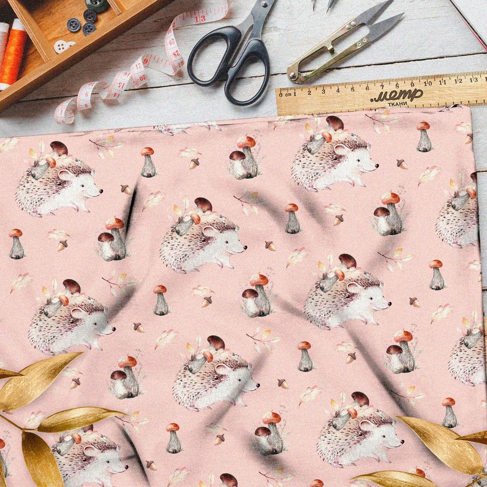 Ткань блэкаут милый ёжик с грибами