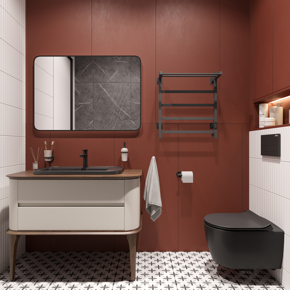 Полотенцесушитель электрический EWRIKA Пенелопа КВ7 60x55 см, подключение справа, слева, скрытое подключение справа, графит, лесенка, из стали, с полкой