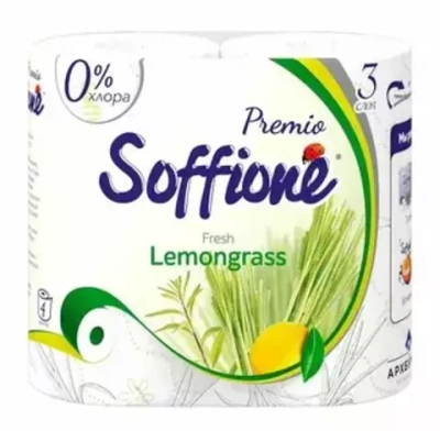 Soffione Туалетная бумага 3-х сл 4рул  PREMIO FRESH LEMONGRASS (белая)  *10