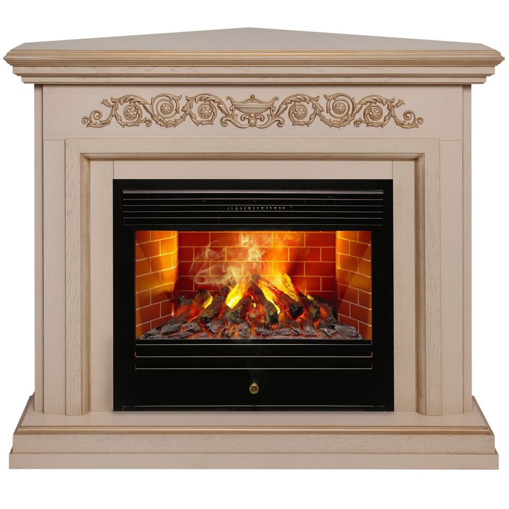 Электрокамин RealFlame Leticia Corner 26 WT белый дуб с золотой патиной с очагом 3D Novara