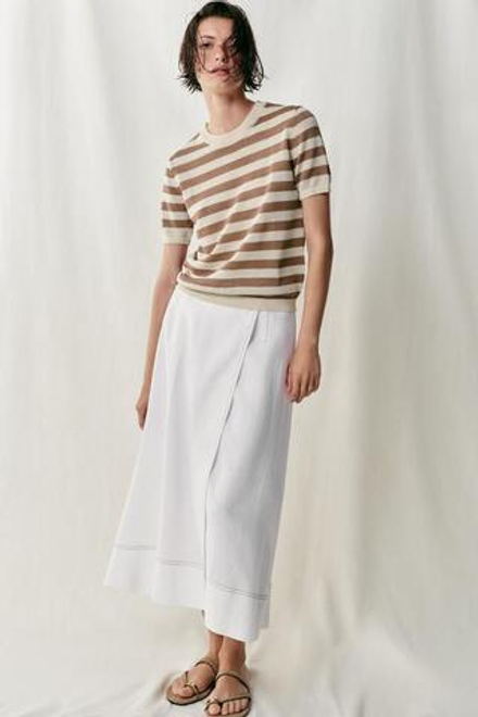 ZARA ТРИКОТАЖНЫЙ ТОП С КОРОТКИМИ РУКАВАМИ, ЭКРЮ/КОРИЧНЕВЫЙ