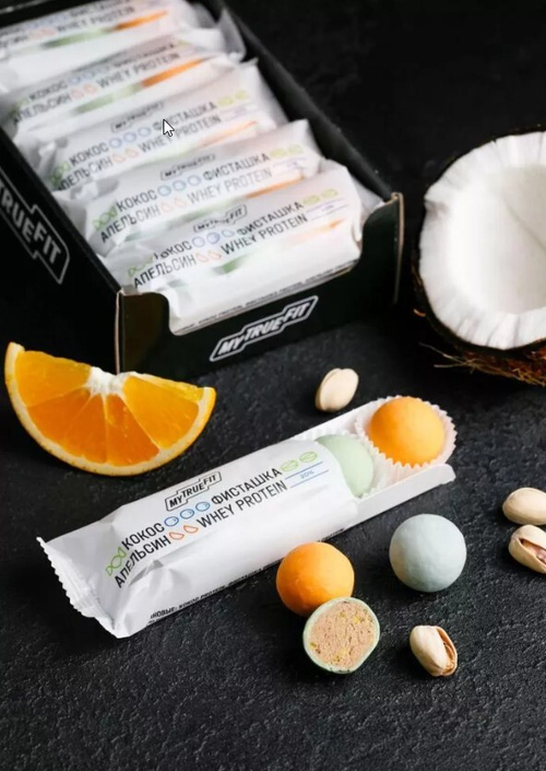 Конфеты протеиновые ассорти / Кокос Фисташка Апельсин / 350 г / шоу-бокс / 10 шт / ТМ Mytruefit