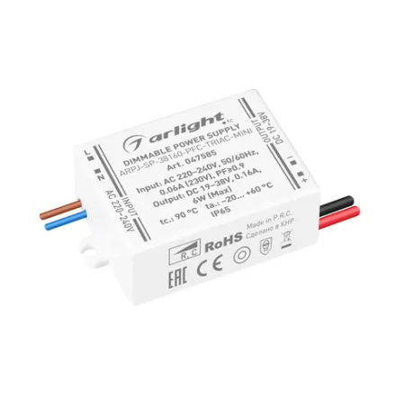Блок питания ARPJ-SP-38160-PFC-TRIAC-MINI (6W, 19-38V, 160mA) (Arlight, IP65 Пластик, 5 лет) 047585