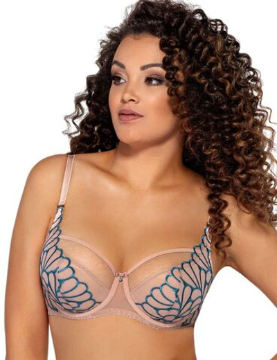 Бюстгальтер на косточках с контрастной бирюзовой вышивкой (Размер: 100D) (Цвет: телесный)