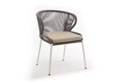 "Милан" стул плетеный из роупа, каркас алюминий белый шагрень, роуп светло-серый круглый, ткань бежевая