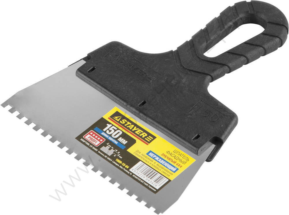 STAYER ProFLat 150 мм, зуб 4х4мм, пластиковая ручка, зубчатый, нержавеющий, Фасадный шпатель, PROFESSIONAL (1009-15-04)