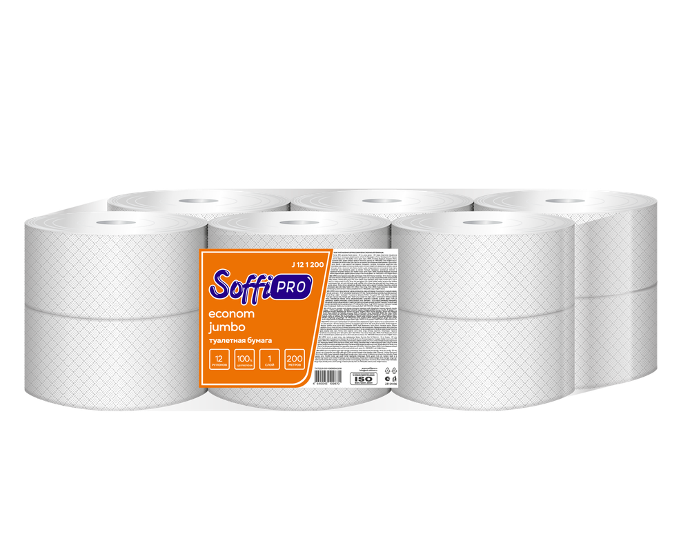 Туалетная бумага SoffiPRO, 1сл, Артикул 10901494, 100% цел., c тиснением, 200м, без перфорации,12 рул