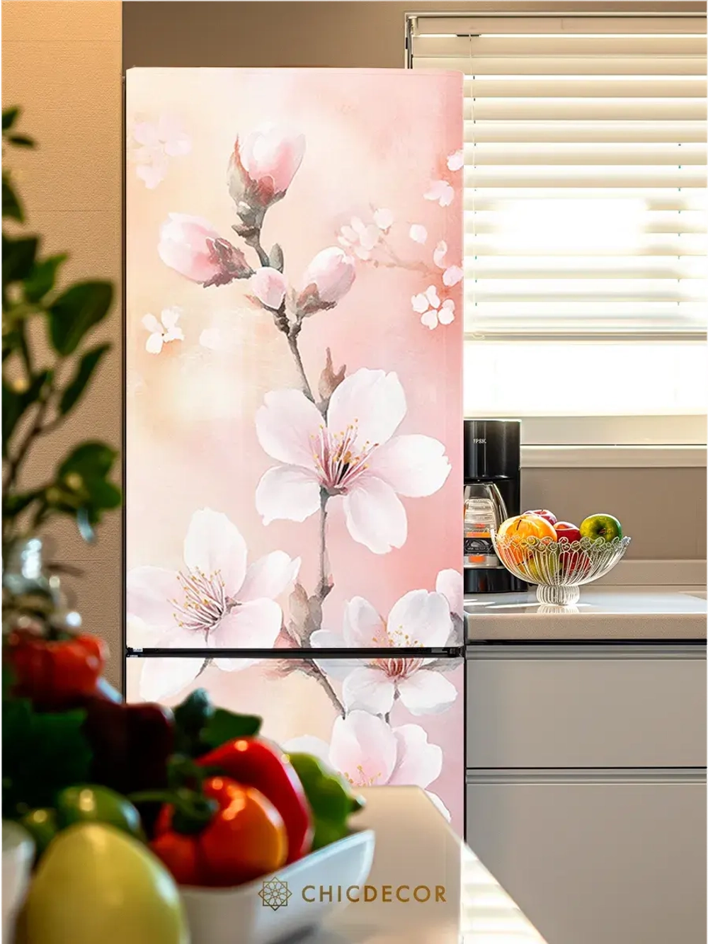 Наклейка на холодильник розовая Ветка яблони