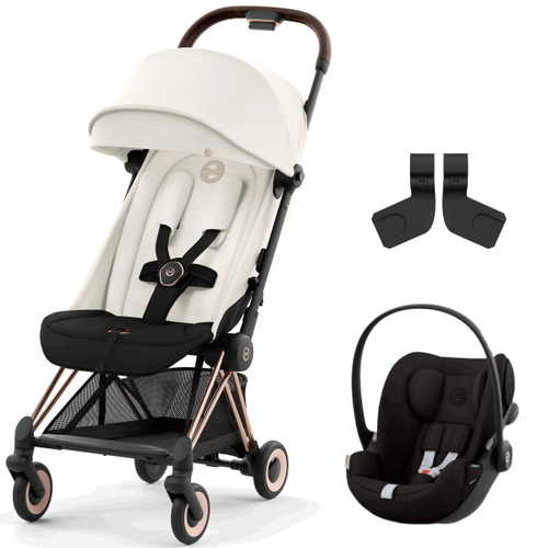 Коляска Cybex Coya Rosegold Frame Cloud G i-Size Magic Black 2 в 1 Off White с дождевиком и бампером
