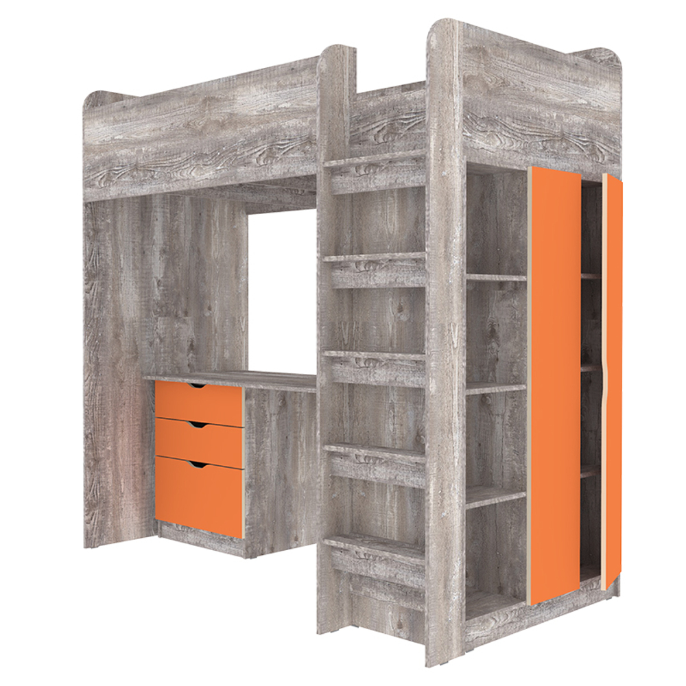 Кровать-чердак КарИВи Polini Simple с письменным столом и Шкаф КарИВиом Бетон Оранжевый