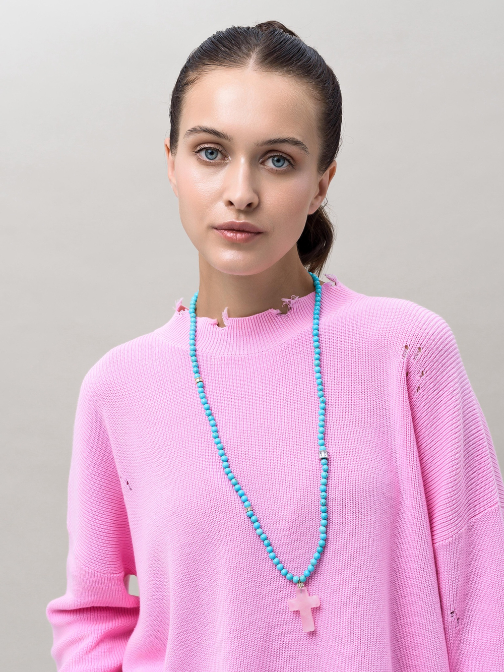 Колье Stone Cross из турквенита с розовым кварцем