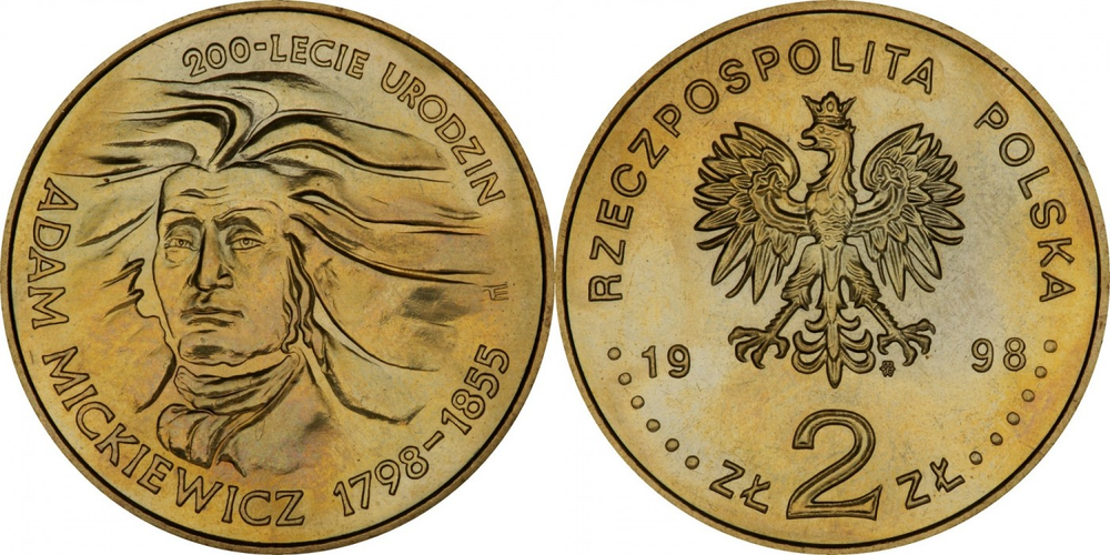 Польша 2 злотых, 1998 200 лет со дня рождения Адама Мицкевича аUNC