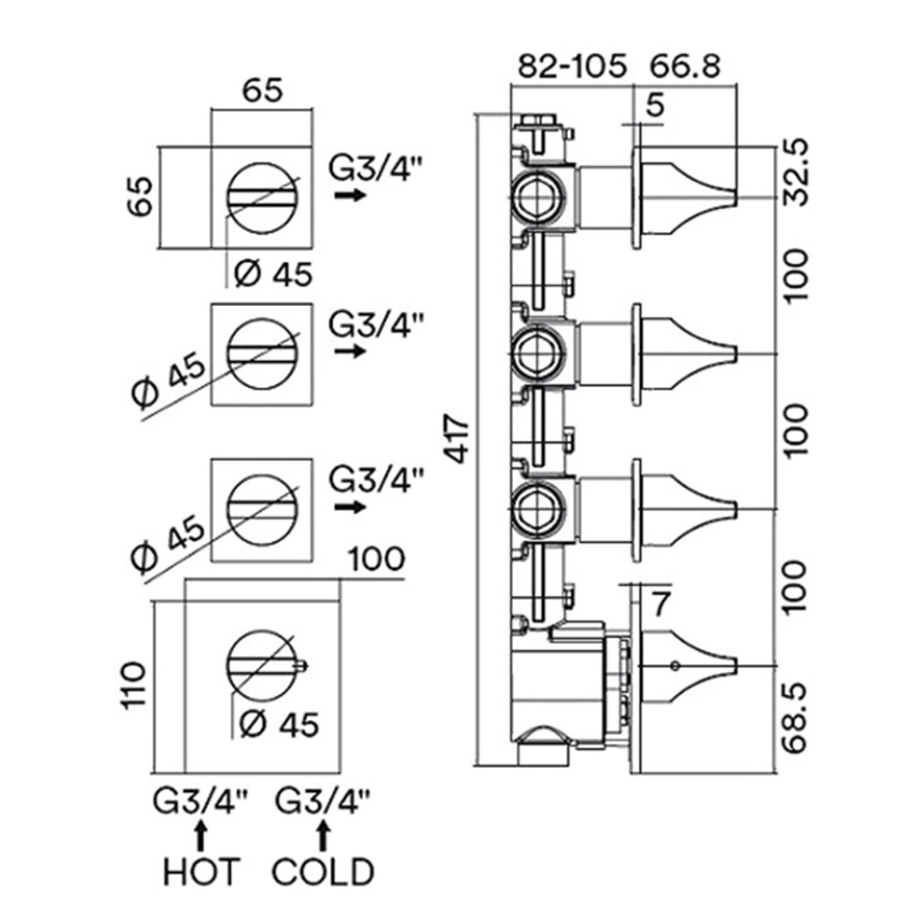 Bossini Apice термостат встраиваемый высокой пропускной способности от 3 до 6 выходов, индивидуальные накладки для горизонтальной или вертикальной установка