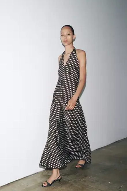 ZARA ПЛАТЬЕ ХАЛТЕР В ГОРОШЕК — ZW COLLECTION, КОРИЧНЕВЫЙ