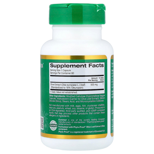 California Gold Nutrition, EuroHerbs™, экстракт листьев оливкового дерева, качество Euromed, 500 мг, 60 растительных капсул